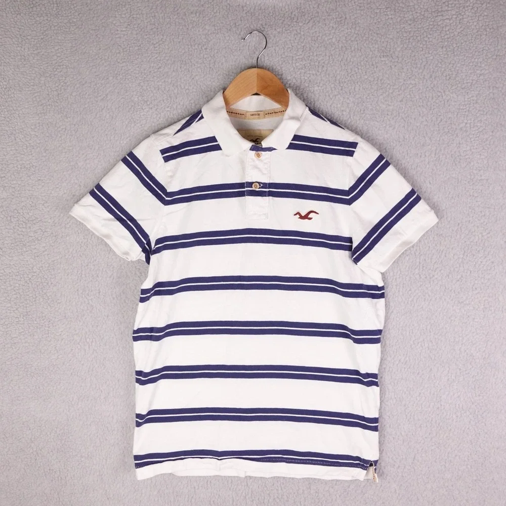 Hollister Mens XL White Navy Blue Striped Surfer Cut Short Sleeve Polo Shirt